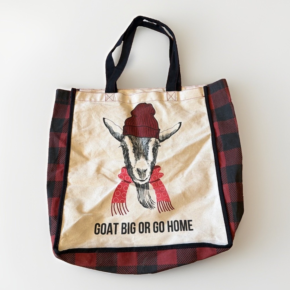 Bella Bug Goat Big Or Go Home Graphic Tote Bag Plaid Sides Canvas